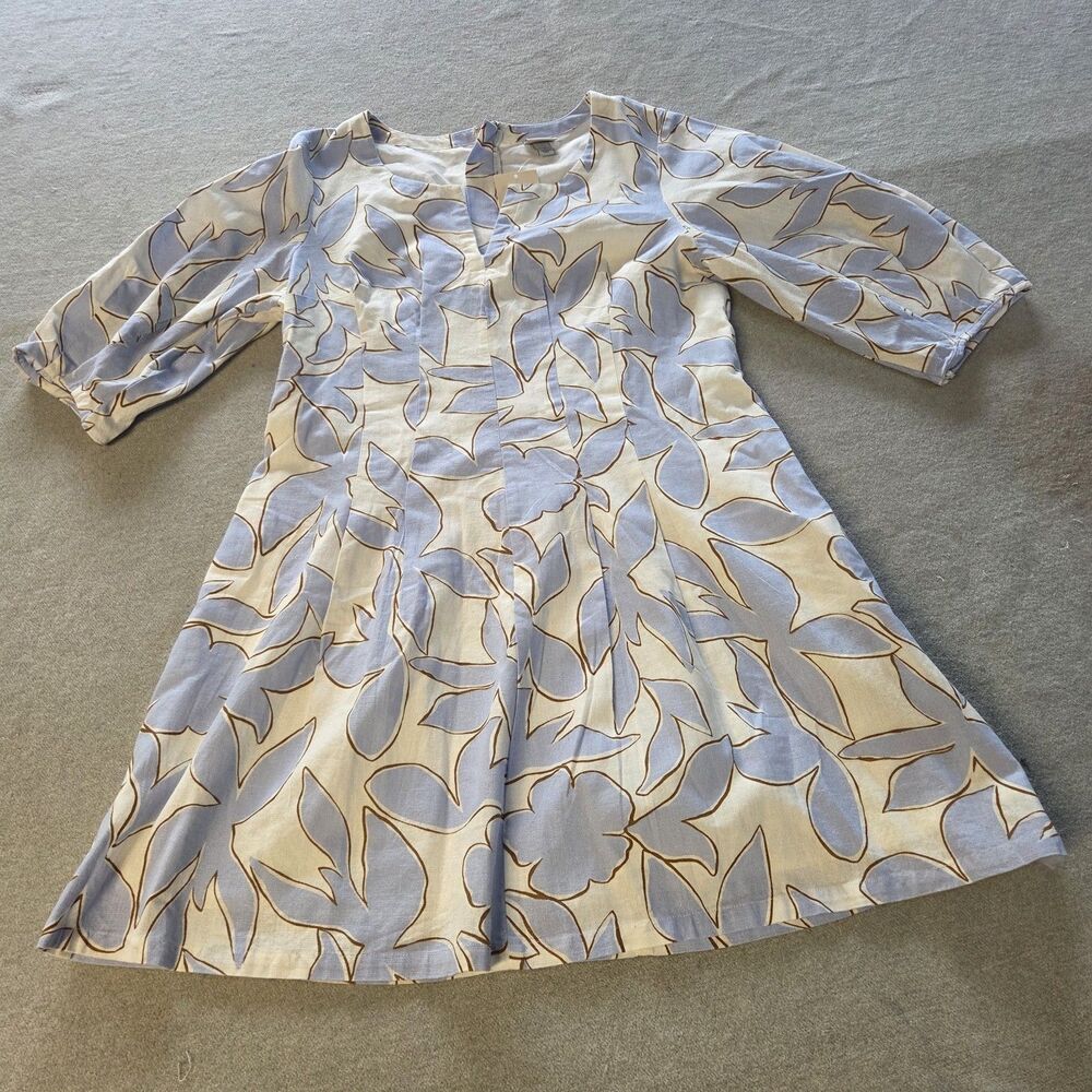A New Day White Light Blue Floral Cotton Linen Blend V Neck Lined Dress Size 8